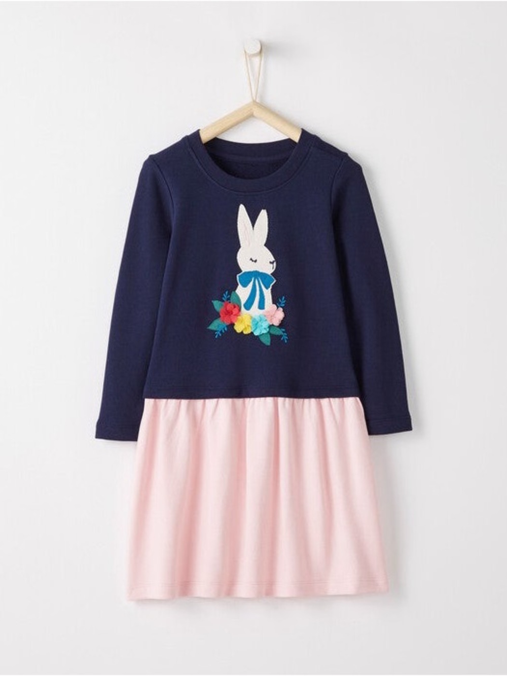Hanna Andersson Bunny Sweatshirt Dress 100% Cotton Navy Blue Pink 120 cm/US 6-7